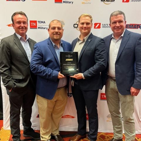 The Bristol Motor Speedway squad who accepted the EMAT Award included (from right to left) President Jerry Caldwell, Josiah Carrier, Trey Hatcher and Anthony Golden.