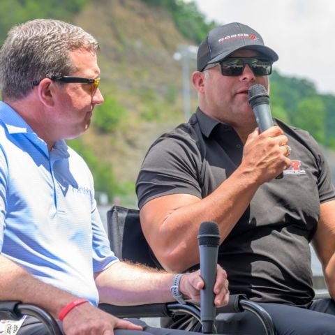 Bristol Motor Speedway and Dragway president and general manager Jerry Caldwell interviews special guest Matt Hagan, four-time NHRA Funny Car world champion, prior to the start of the celebrity challenge race. Hagan and all of the stars of the NHRA Mission Foods Drag Racing Series will visit Bristol June 6-8 for the Super Grip NHRA Thunder Valley Nationals.