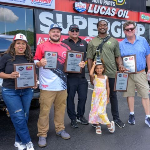 All of the award winners from the NHRA Thunder Valley Celebrity Drag Challenge Wednesday at Bristol Dragway. From left to right, Heather Williams (fastest speed); Sean Embree (runner-up, quickest time, best reaction time); NHRA champ Matt Hagan presented the awards; AJ Johnson race winner; and PJ Johnson (slowest speed).