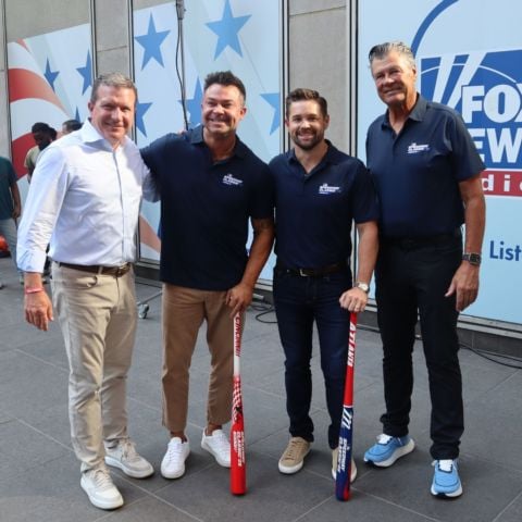 BMS President Jerry Caldwell, MLB legend Nick Swisher, NASCAR Cup driver Ricky Stenhouse Jr. and NASCAR FOX Sports personality Michael Waltrip were in New York City today promoting NASCAR and the MLB Speedway Classic.