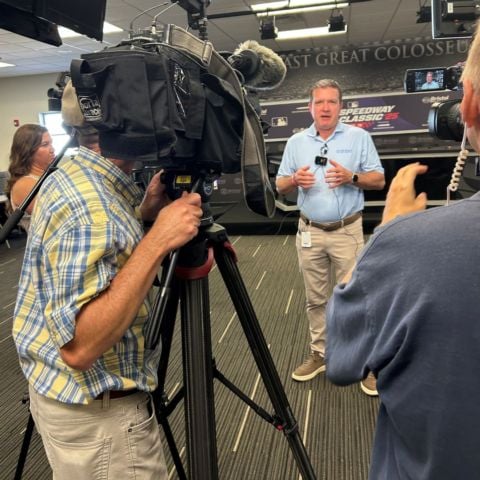 BMS President and General Manager Jerry Caldwell spoke to media about the field construction progress for the MLB Speedway Classic.