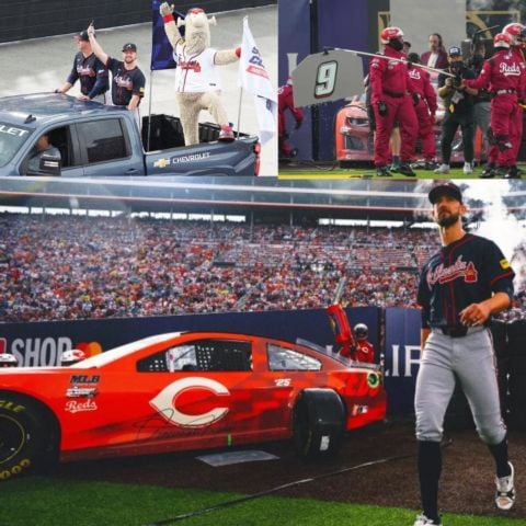 From top left, clockwise: Players from both teams took a lap around the track in the back of a Chevy pickup truck during pre-game ceremonies; A pit board showing off each player's number was extended as each player was introduced and ran on the field and to the dugout; Trackhouse Racing pit crew members changed tires on Reds and Braves stock cars during player introductions.