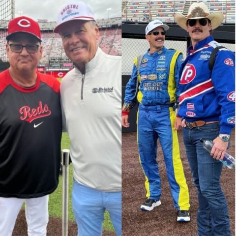 Left- FOX NASCAR analyst Michael Waltrip kicked off the game with a version of his brother's "boogity, boogity" chant and he was able to visit with Reds head coach Terry Francona before the game; Braves radio personalities Ben Ingram (right) and Darren O'Day (left) got serious with their NASCAR attire. 