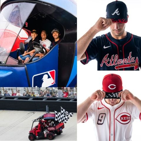 From top left: MLB provided NASCAR stars Chase Elliott (right) and Kyle Busch (middle) and Brexton Busch a special bullpen cart to ride into the pre-game ceremonies for their surprise appearance Saturday night; The Braves hat featured red flames on the brim; The Reds hat had a checkered flag pattern on the brim; The Reds brought in RedZilla to drive around the track and shoot foam baseballs into the crowd during inning breaks.