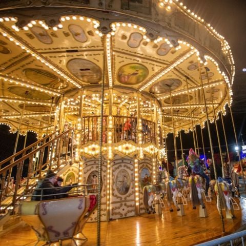 There's so much fun to be had in the HSN Christmas Village inside the infield of Bristol Motor Speedway during Food City Speedway In Lights. You can take a ride on this fun carousel.