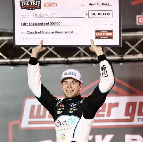 Chandler Smith celebrated winning the Triple Truck Challenge bonus here one year ago. Should any driver except Hines win the bonus it will be $50,000.
