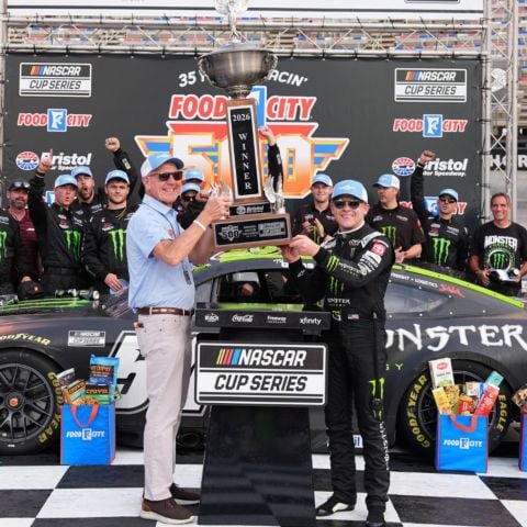 Ty Gibbs celebrates in Bristol Motor Speedway's victory lane with Food City CEO and President Steve Smith.