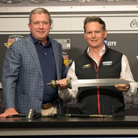 Bristol Motor Speedway president and general manager Jerry Caldwell (left) presented NASCAR legend Jeff Gordon with his own BMS Gladiator Sword during a presentation prior to Sunday's Food City 500.