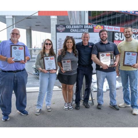 Special award winners included from left to right, Duane Nelson (Slowest Run), Steph Cartozzo (Fastest Speed), Heather Williams (runner-up), NHRA Top Fuel driver Clay Millican, Matt Wilson (Winner and Best Reaction Time) and Bryan Clemmons (Quickest Run).