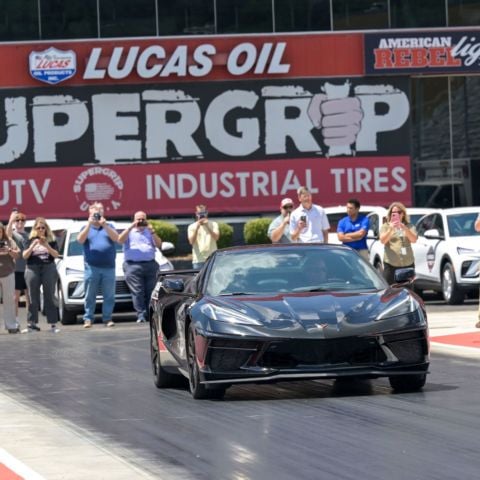 Clay Millican made the ceremonial first run in the BMS pace car on Bristol Dragway's new track surface.