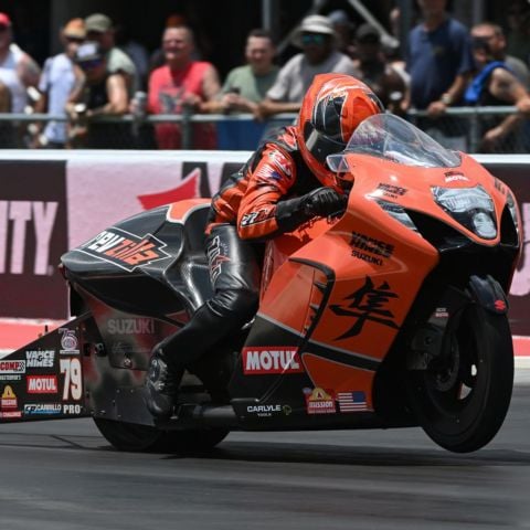 Gaige Hererra led Pro Stock Motorcycle qualifying on his Suzuki Friday at Bristol Dragway.