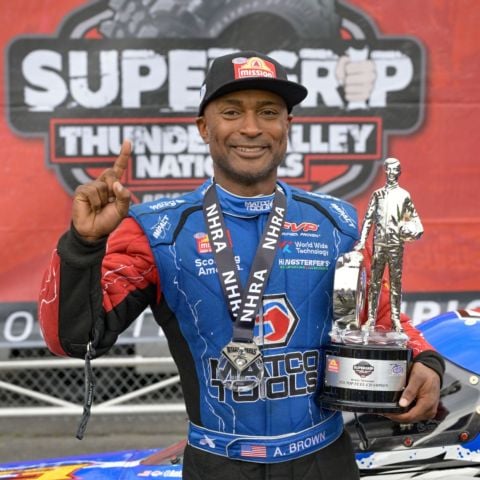 Antron Brown earned his first Bristol Dragway victory Sunday during the NHRA Super Grip NHRA Thunder Valley Nationals.