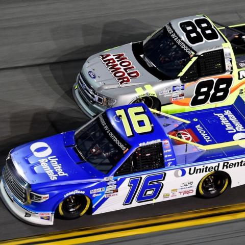 Austin Hill (16) and Matt Crafton (88) are two of the NASCAR Gander RV & Outdoors Truck Series Playoff drivers battling to win the UNOH 200 Thursday night.