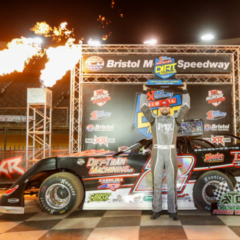 Saturday XR Super Series Late Model winner Chris Ferguson celebrates his $50,000 victory in BMS Victory Lane.