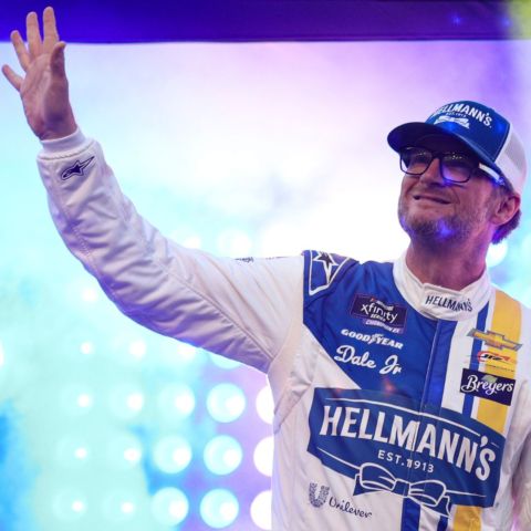 Dale Earnhardt Jr. waves to fans during Bristol pre-race ceremonies in 2023.