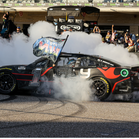 Ross Chastain performs a celebratory burnout after winning Sunday's EchoPark Automotive Grand Prix at Circuit of the Americas near Austin, Texas.