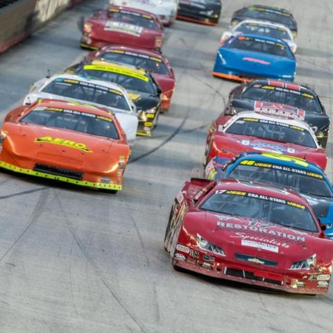 Josh Brock (17) leads the Pro Late Model field to the checkered flag.